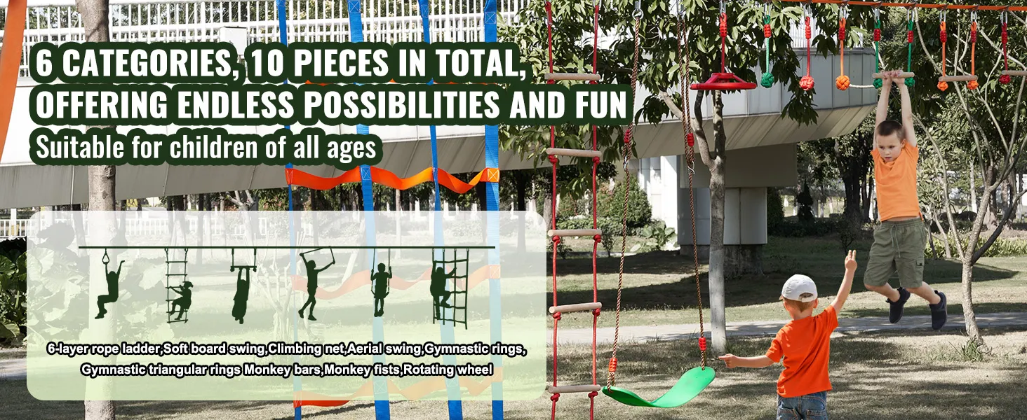 children enjoying the VEVOR ninja warrior obstacle course featuring 6 categories and 10 pieces for endless fun.