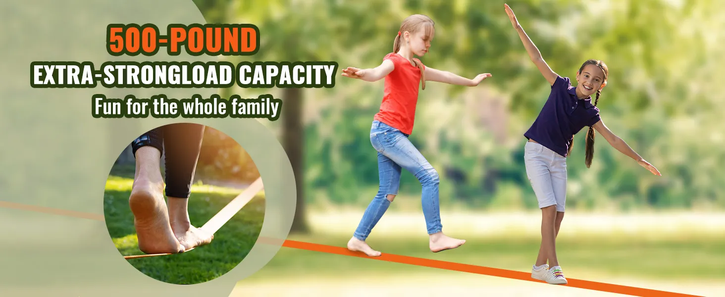 children balancing on a slackline, highlighting the 500-pound extra-strong load capacity of the VEVOR ninja warrior obstacle course.