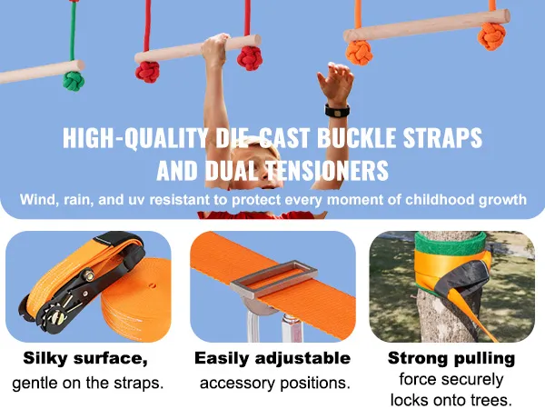 high-quality VEVOR ninja warrior obstacle course with die-cast buckle straps and dual tensioners.