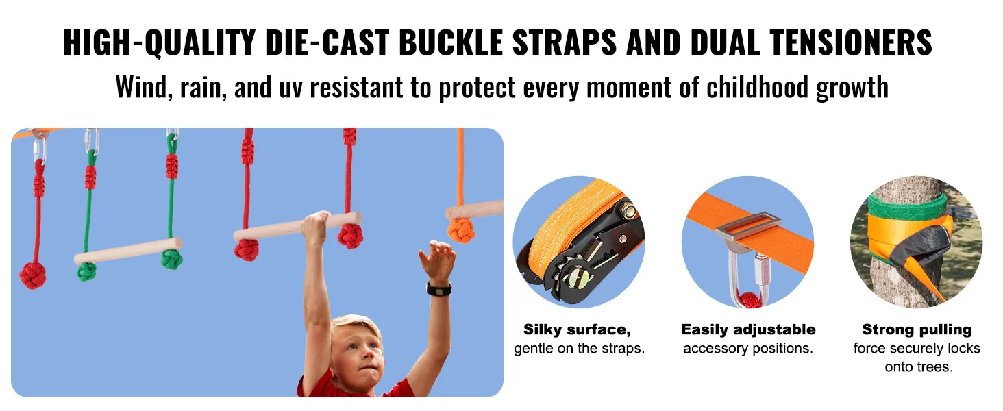high-quality VEVOR ninja warrior obstacle course with die-cast buckle straps and dual tensioners.