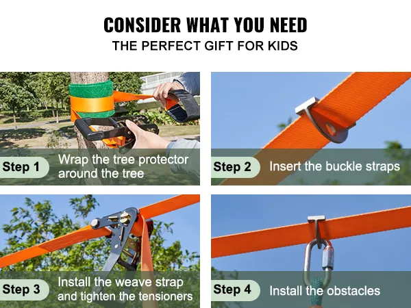 how to install VEVOR ninja warrior obstacle course: wrap tree protector, insert buckle straps, tighten, install obstacles.