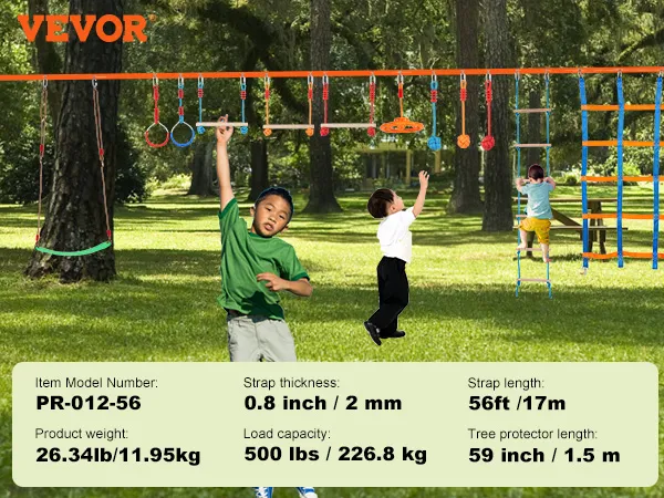 Niños jugando en la carrera de obstáculos del guerrero ninja VEVOR con varios elementos para colgar y escalar.