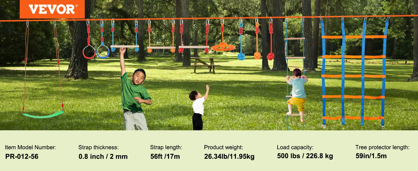 Niños jugando en la carrera de obstáculos del guerrero ninja VEVOR con varios elementos para colgar y escalar.