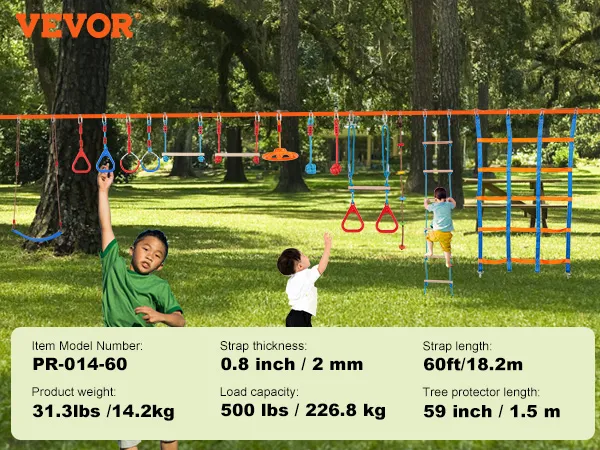 VEVOR ninja warrior hindernisbaan met diverse uitdagende toestellen in een parkachtige omgeving.