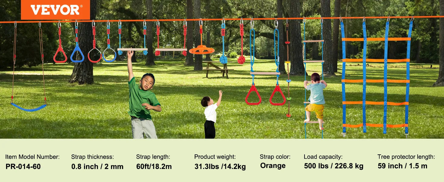 VEVOR ninja warrior hindernisbaan met diverse uitdagende toestellen in een parkachtige omgeving.