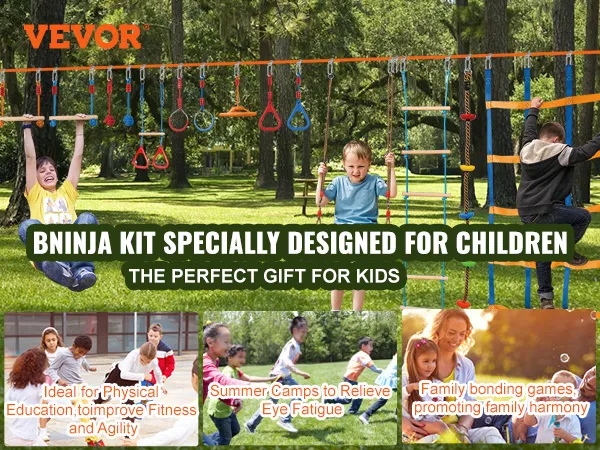 VEVOR ninja warrior-hindernisbaan voor kinderen, met speeltoestellen in een parkachtige omgeving.