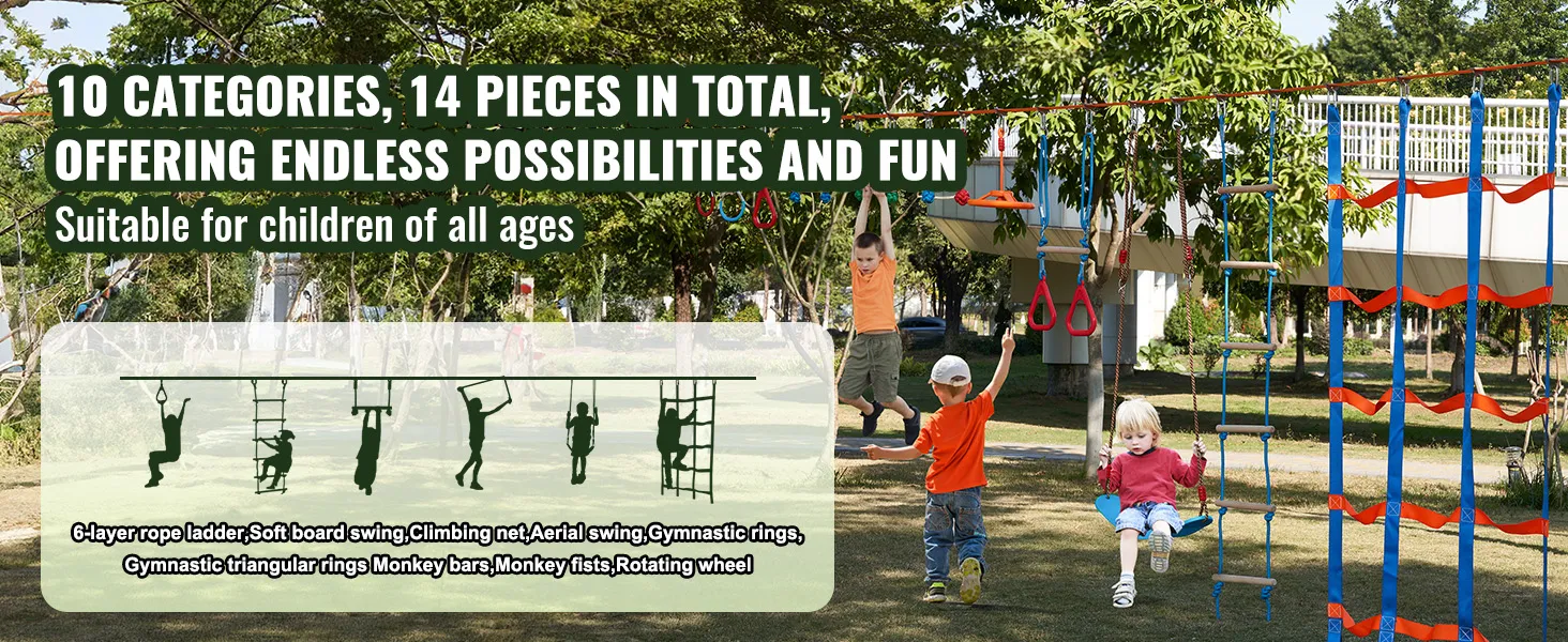 Kinderen spelen op de VEVOR Ninja Warrior-hindernisbaan met schommels, ladders en apenstaarten.