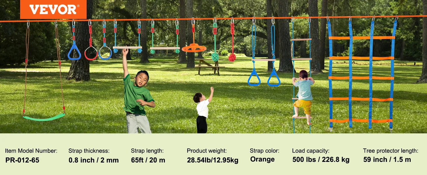 Kinderen spelen op een VEVOR Ninja Warrior-hindernisbaan in een park, met verschillende obstakels.