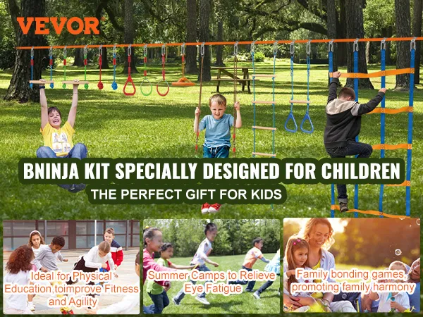 VEVOR ninja warrior-hindernisbaan voor kinderen, ter bevordering van conditie, behendigheid en gezinsbinding.