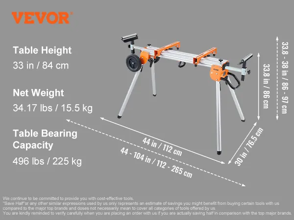 VEVOR miter saw stand with adjustable height, 496 lbs capacity, and 104 in extension width.