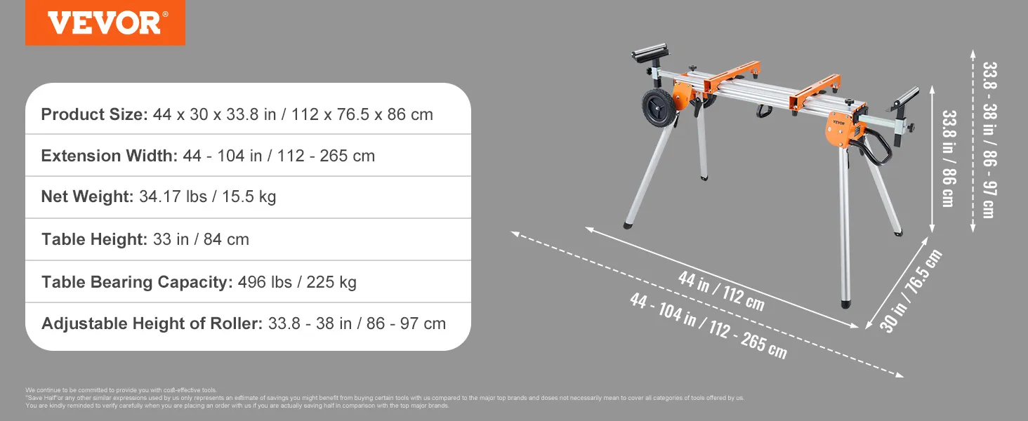 VEVOR miter saw stand with adjustable height, 496 lbs capacity, and 104 in extension width.