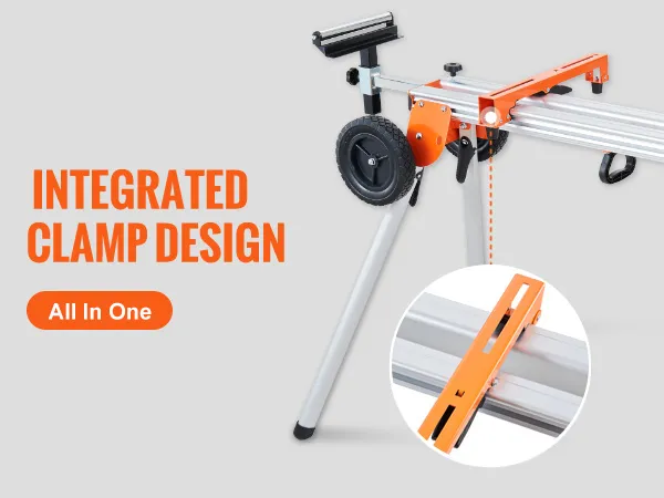 VEVOR miter saw stand with integrated clamp design, stable mounting bracket, and foldable legs.