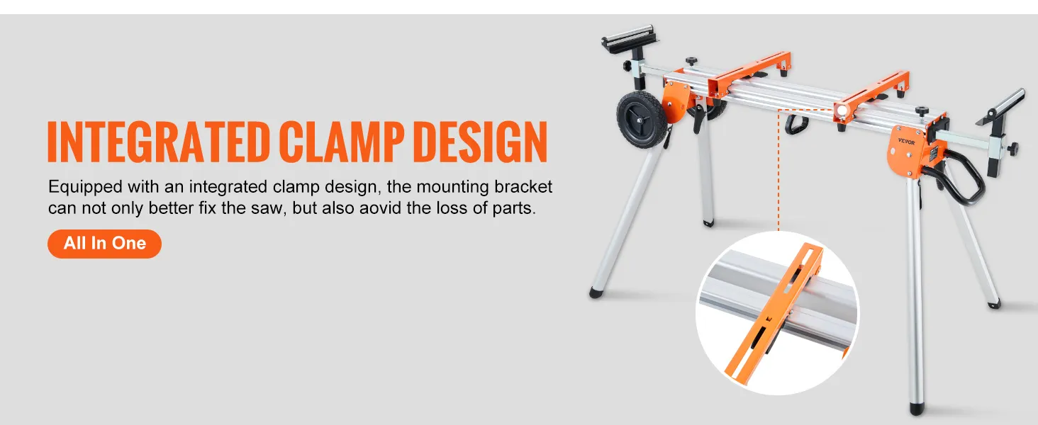 VEVOR miter saw stand with integrated clamp design, stable mounting bracket, and foldable legs.