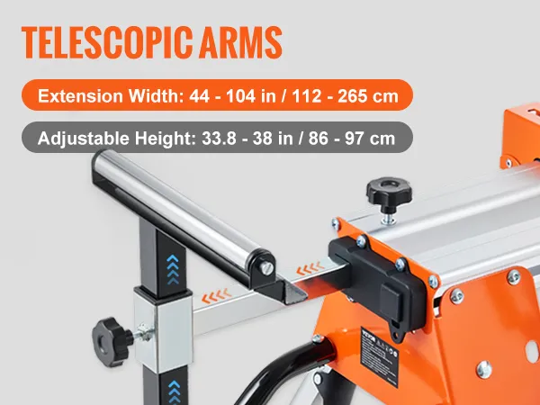 VEVOR miter saw stand with adjustable telescopic arms, extension width 44-104 in, height 33.8-38 in.
