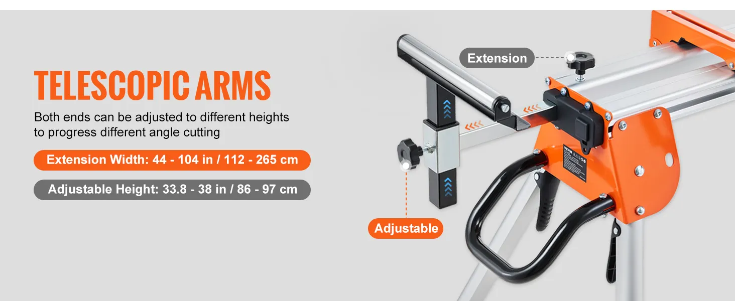 VEVOR miter saw stand with adjustable telescopic arms, extension width 44-104 in, height 33.8-38 in.