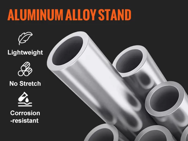 aluminum alloy tubes with text promoting VEVOR miter saw stand benefits: lightweight, no stretch, corrosion-resistant.