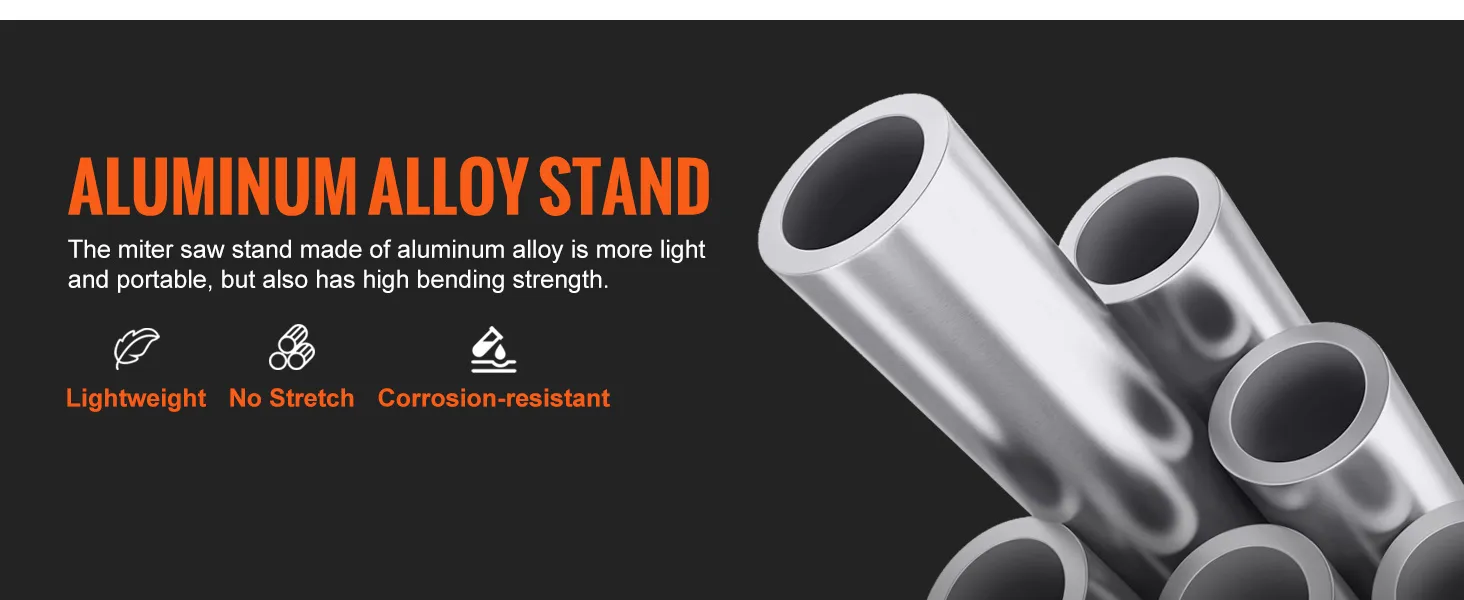 aluminum alloy tubes with text promoting VEVOR miter saw stand benefits: lightweight, no stretch, corrosion-resistant.