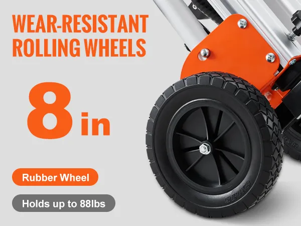 wear-resistant 8-inch rubber wheels with 88 lbs load capacity for smooth movement. VEVOR miter saw stand.