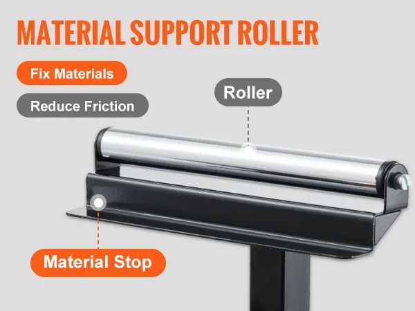 VEVOR miter saw stand with material support roller, fixing materials and reducing friction for smooth cutting.