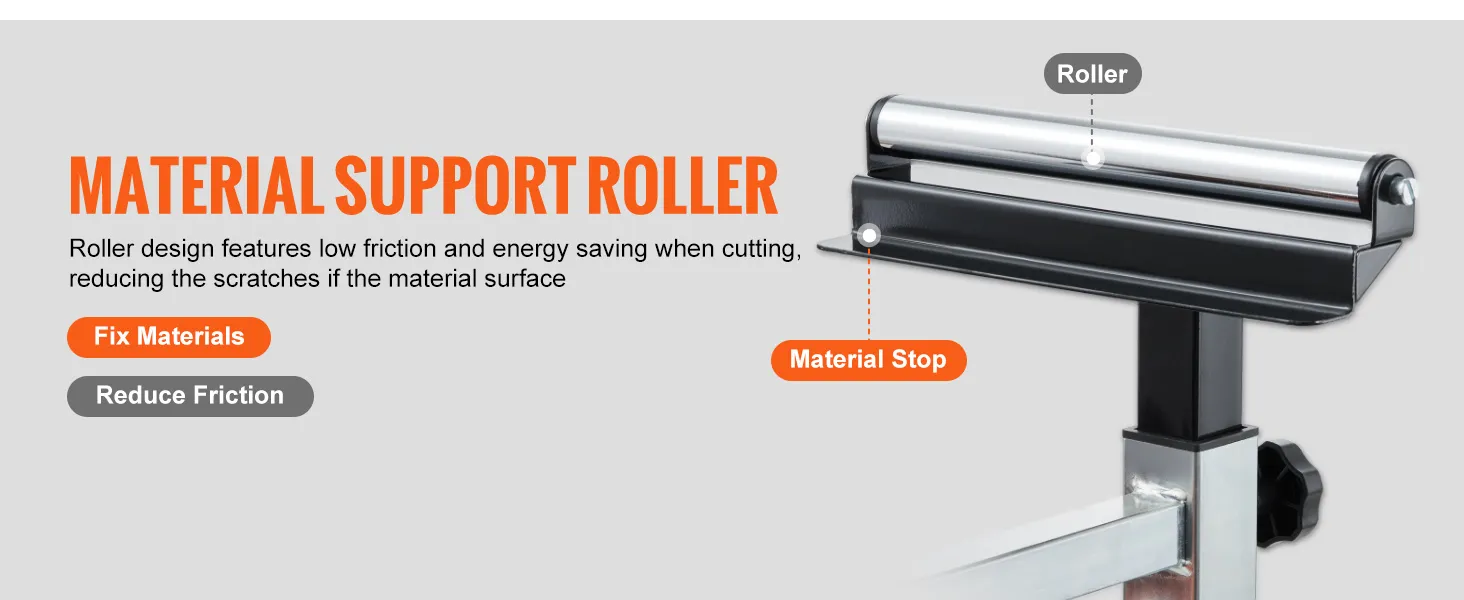 VEVOR miter saw stand with material support roller, fixing materials and reducing friction for smooth cutting.