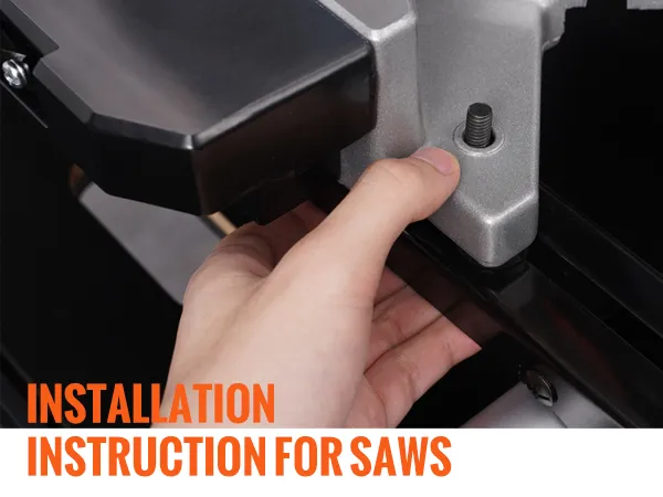 hand adjusting miter saw bracket with text "installation instruction for saws" on a VEVOR miter saw stand.