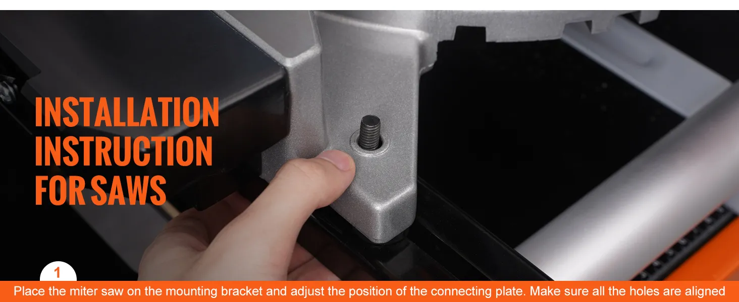 hand adjusting miter saw bracket with text "installation instruction for saws" on a VEVOR miter saw stand.