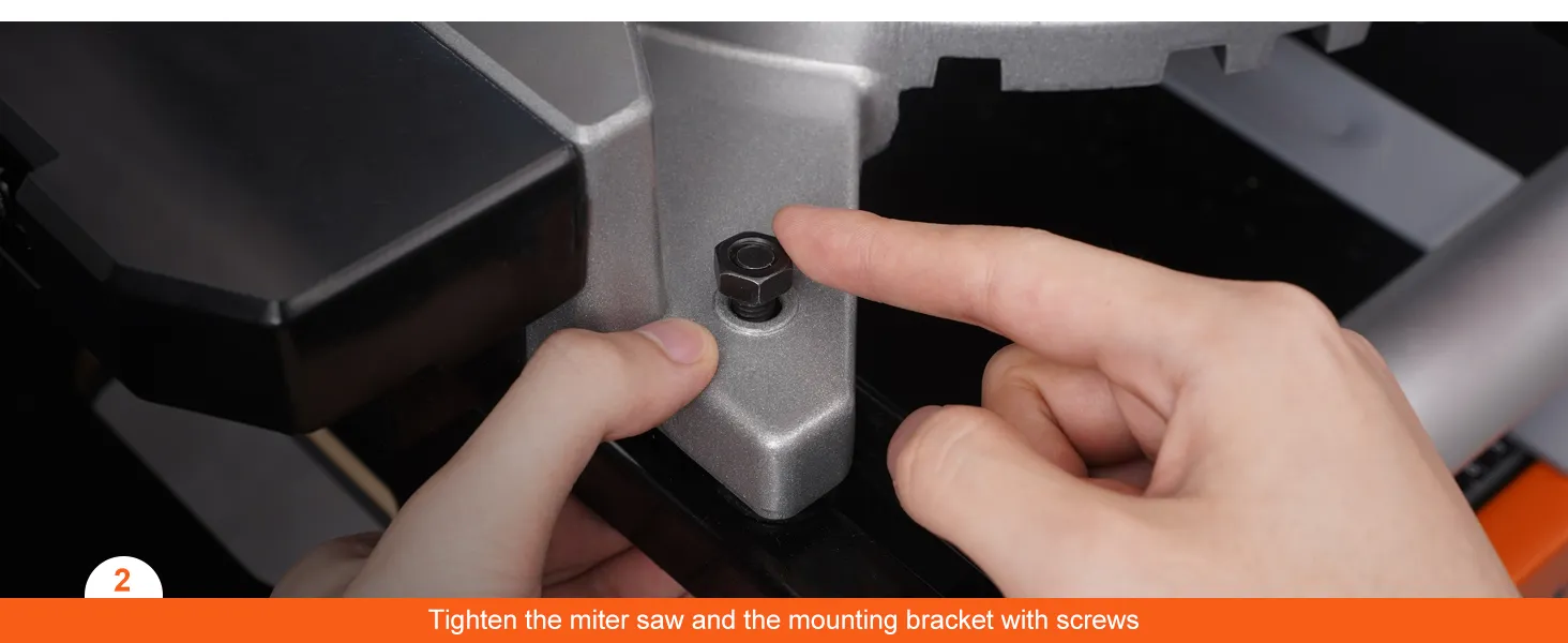 tightening the VEVOR miter saw stand bracket with a hand and screw.