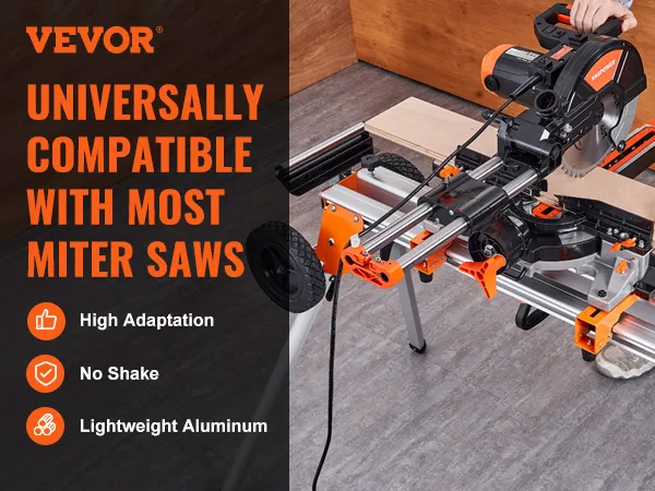 VEVOR miter saw stand showing compatibility with most miter saws, featuring high adaptation and stability.