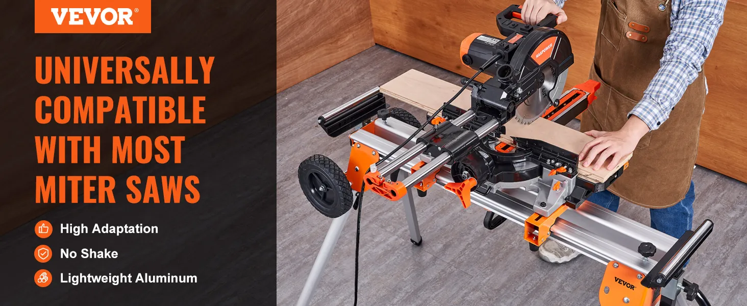 VEVOR miter saw stand showing compatibility with most miter saws, featuring high adaptation and stability.