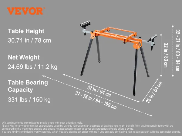 VEVOR miter saw stand dimensions: 37 x 27 x 32 in; extension width: 37-78 in; weight: 24.69 lbs.