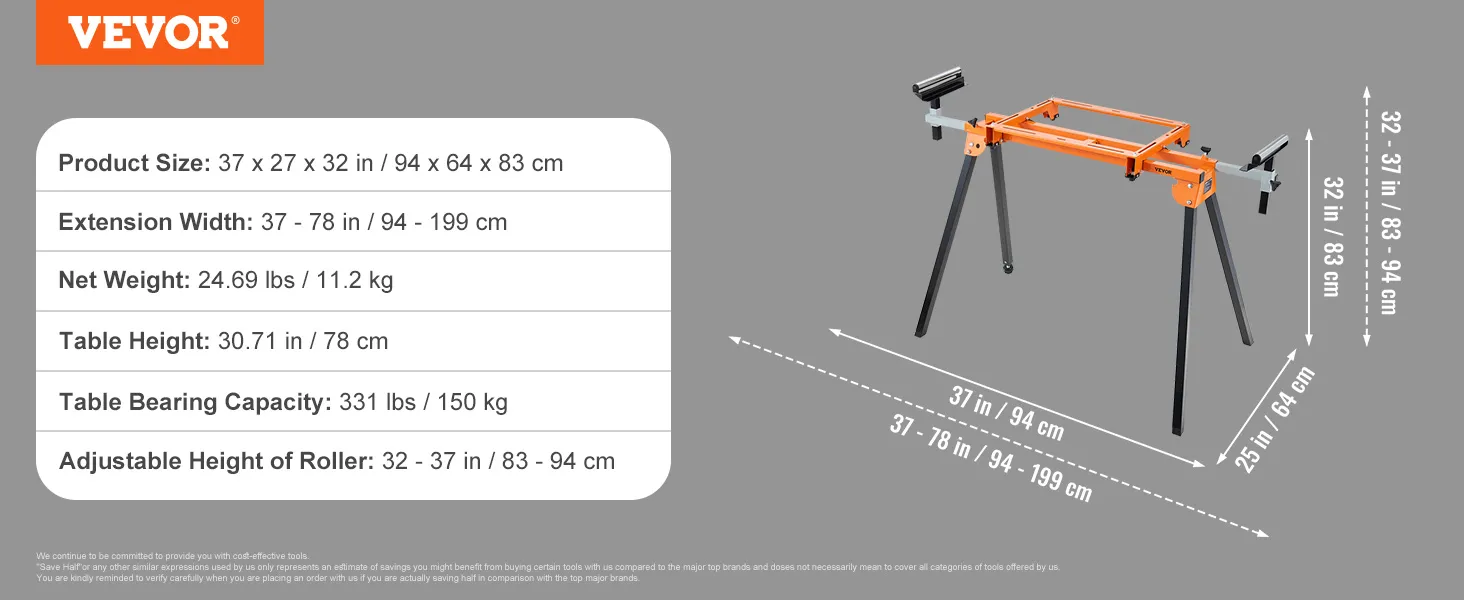VEVOR miter saw stand dimensions: 37 x 27 x 32 in; extension width: 37-78 in; weight: 24.69 lbs.
