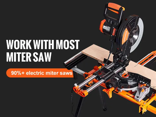 VEVOR miter saw stand compatible with most miter saws, featuring adjustable mounting bracket.