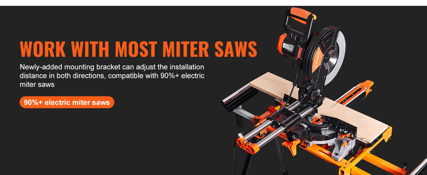 VEVOR miter saw stand compatible with most miter saws, featuring adjustable mounting bracket.