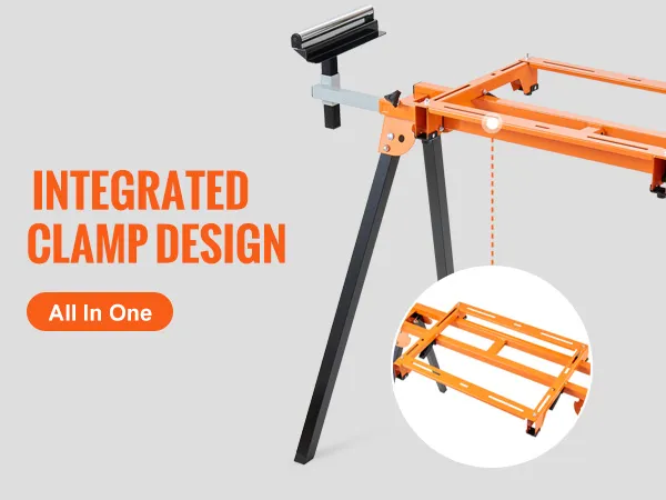VEVOR miter saw stand with integrated clamp design, sturdy orange mounting bracket, and detachable legs.