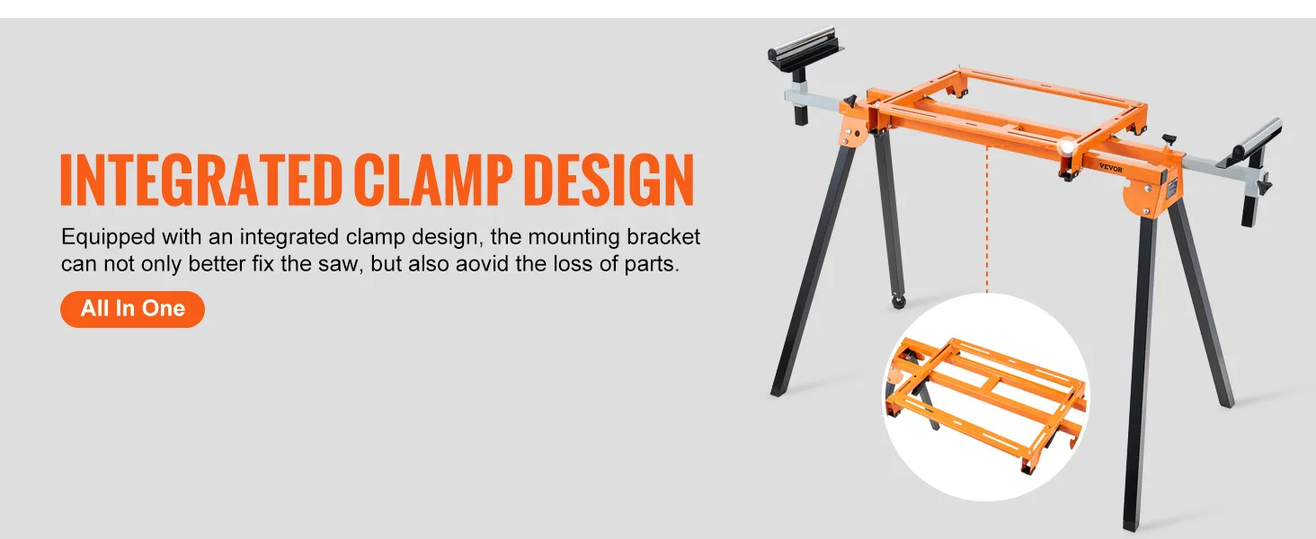 VEVOR miter saw stand with integrated clamp design, sturdy orange mounting bracket, and detachable legs.