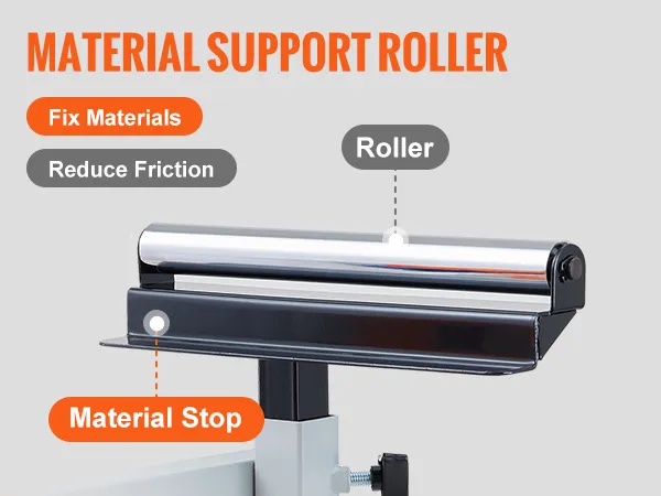 VEVOR miter saw stand with material support roller, material stop, fixes materials, reduces friction.