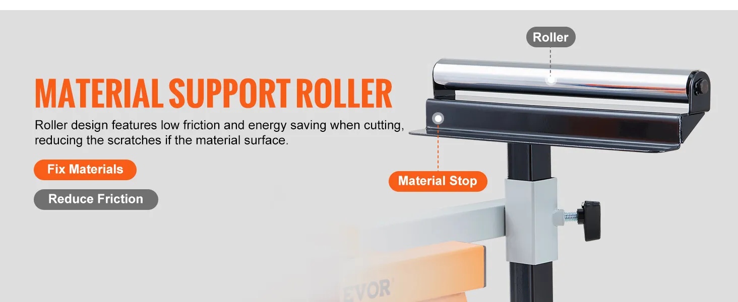 VEVOR miter saw stand with material support roller, material stop, fixes materials, reduces friction.