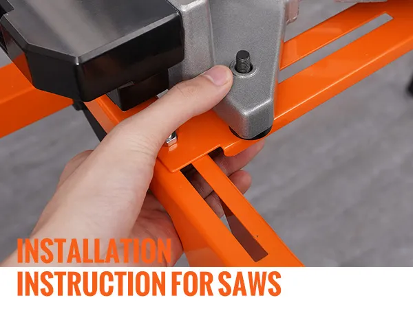 finger adjusting connection plate on VEVOR miter saw stand with orange parts and text instructions.