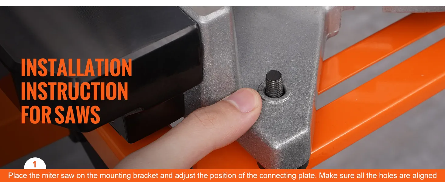 finger adjusting connection plate on VEVOR miter saw stand with orange parts and text instructions.