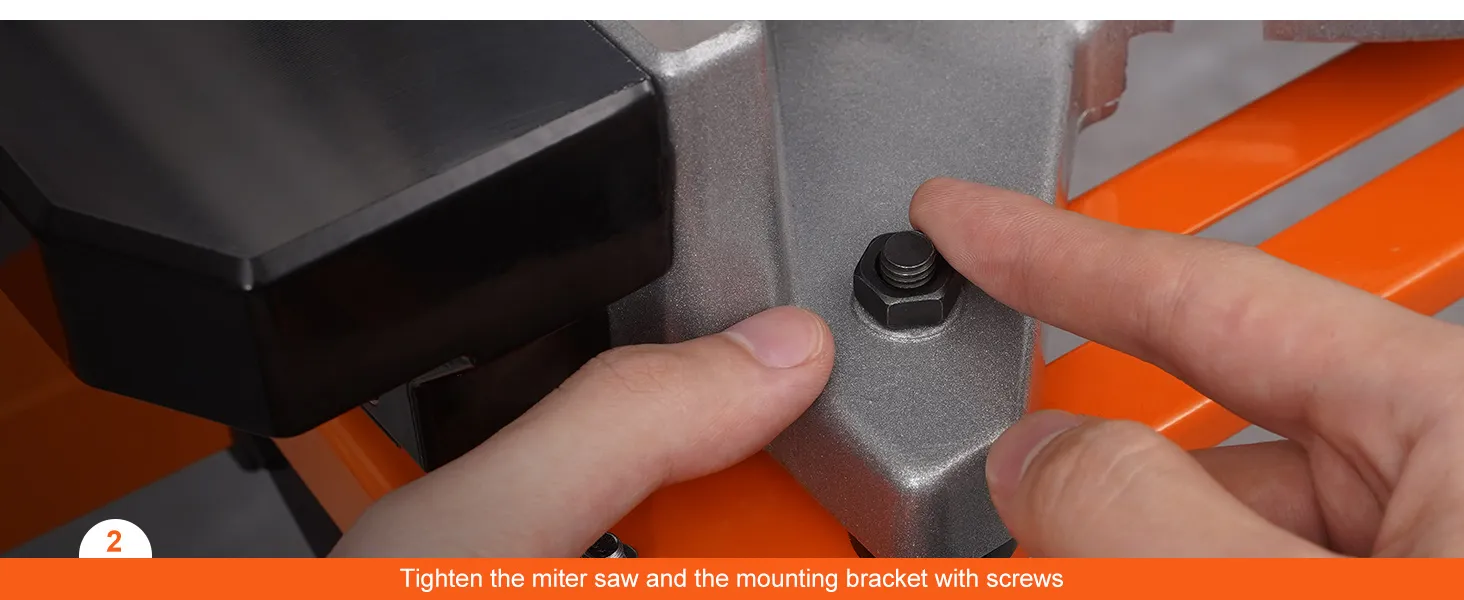 tightening screws on a VEVOR miter saw stand bracket with hands for secure mounting.