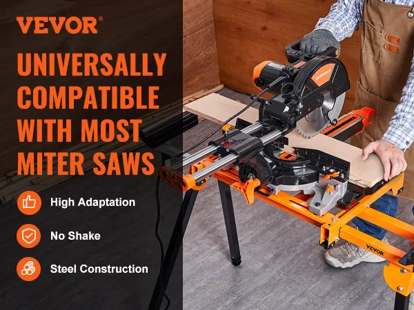 VEVOR miter saw stand, steel construction, high adaptation, no shake, used with miter saw in workshop.