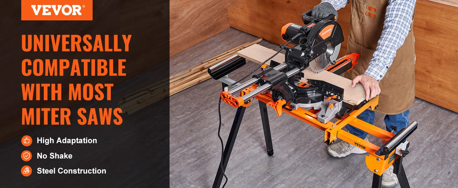 VEVOR miter saw stand, steel construction, high adaptation, no shake, used with miter saw in workshop.