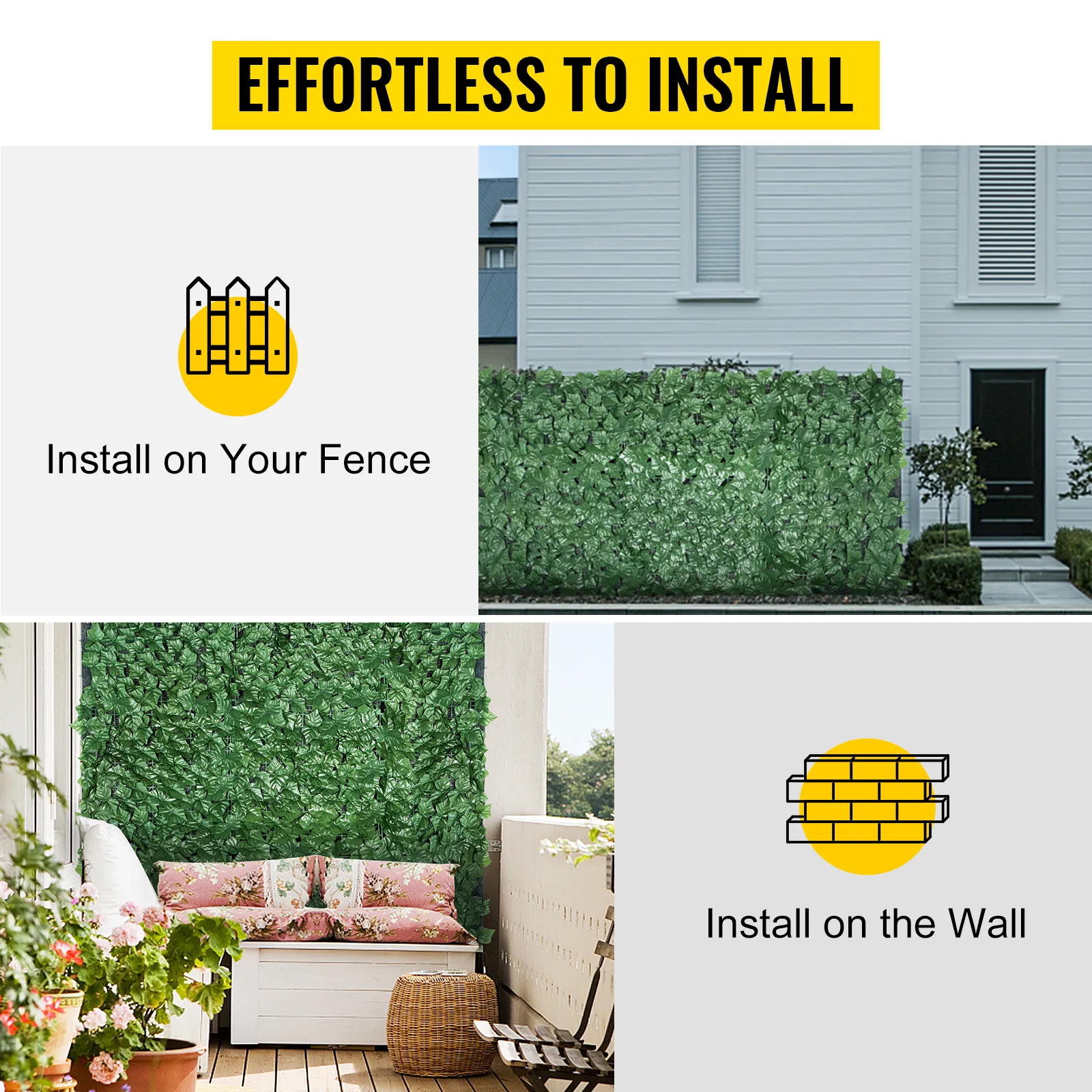Instalación sin esfuerzo de la valla de privacidad de hiedra artificial VEVOR en vallas y paredes.