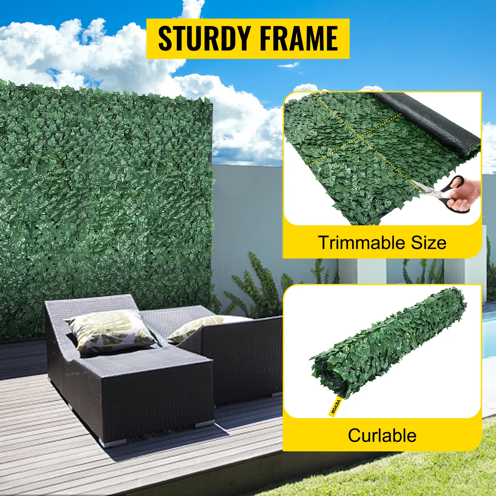 Mampara de privacidad de hiedra VEVOR con tamaño recortable y función de rizado en un entorno de patio.