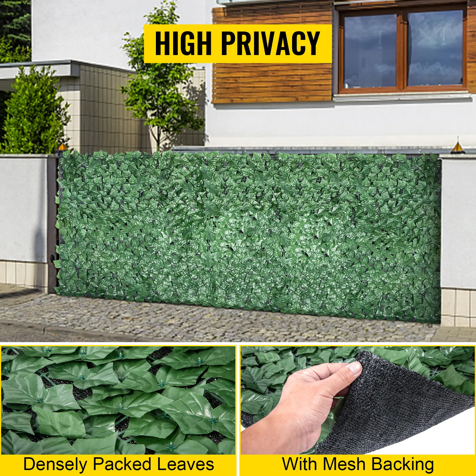 Valla de privacidad de hiedra artificial VEVOR con hojas densamente compactas y respaldo de malla.