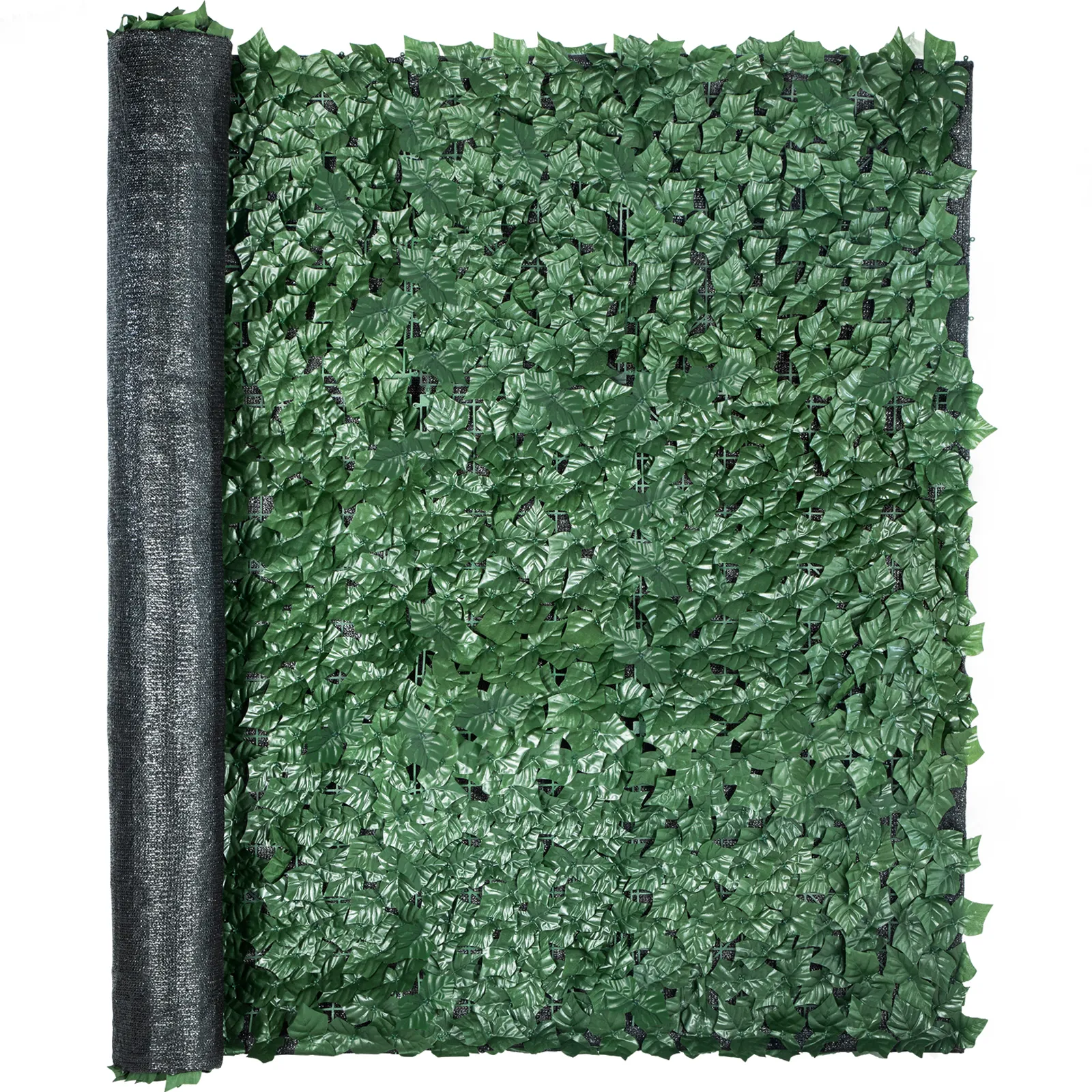 Rollo de valla de privacidad de hiedra artificial VEVOR parcialmente desenrollado con hojas verdes.