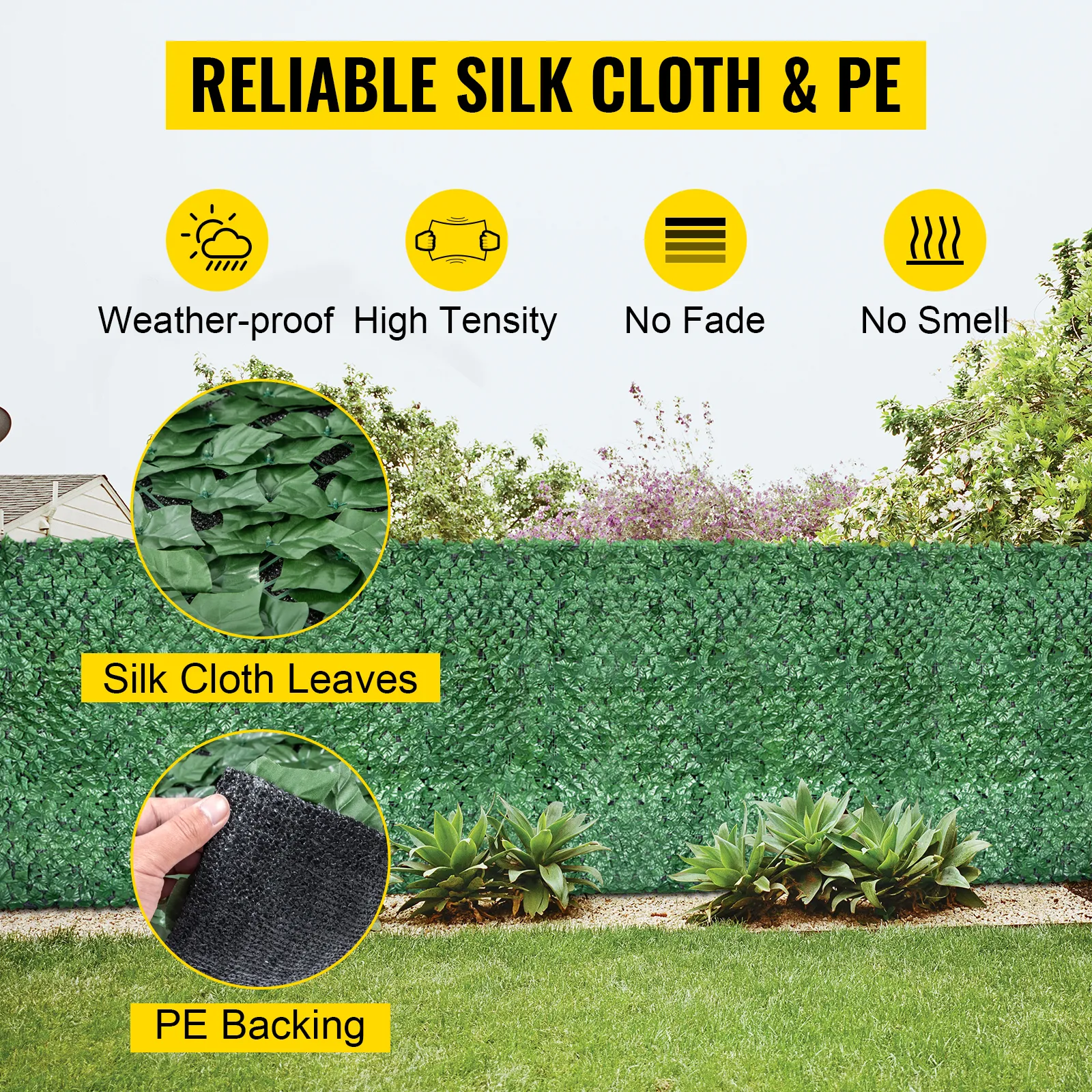 Cerca de privacidad de hiedra VEVOR con hojas de tela de seda y respaldo de PE, resistente a la intemperie y sin decoloración.