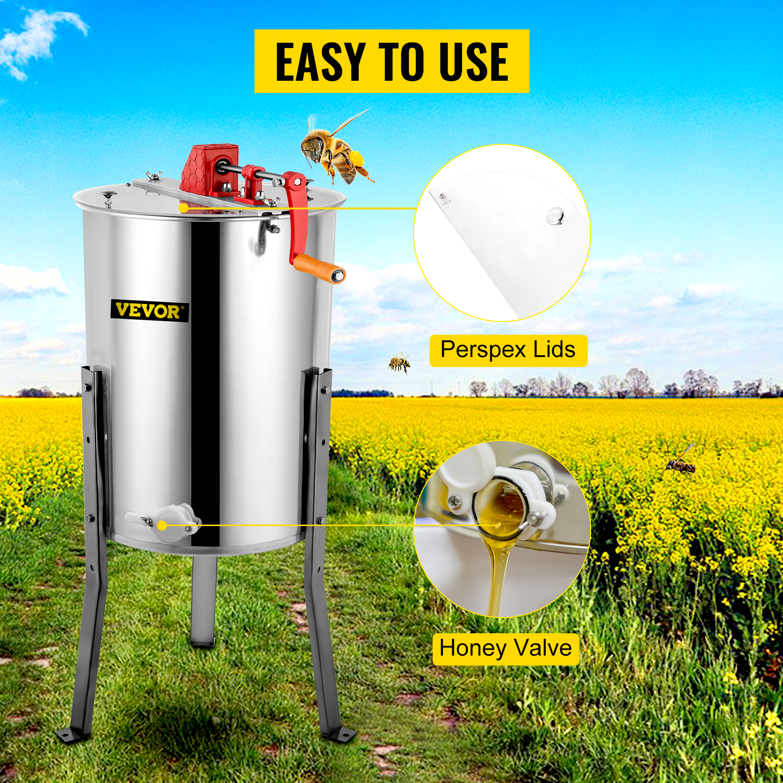 VEVOR Manual Honey Extractor Separator 4 Frame Stainless