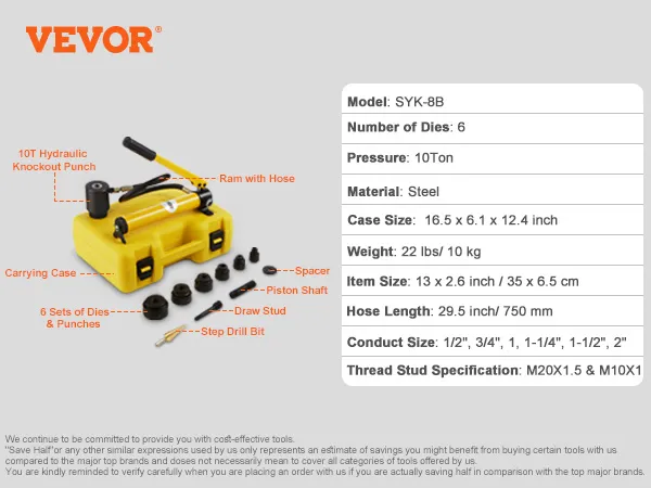 VEVOR hydraulic knockout punch kit with carrying case, dies, punches, ram, hose, and step drill bit.