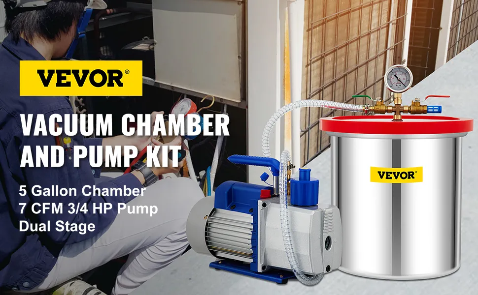 Cámara de vacío VEVOR con kit de bomba, cámara de 5 galones, bomba de 7 cfm 3/4 hp, doble etapa.